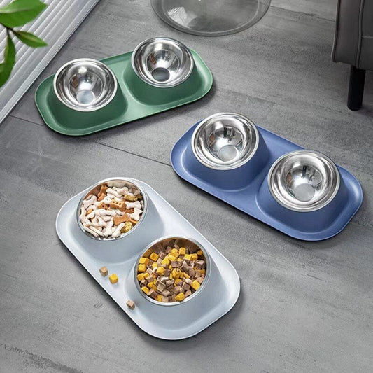 Double Bowl Stainless steel Pet Food Container with a Non-slip Base