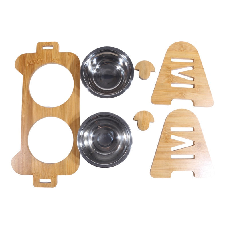 Bamboo Dog Bowl Stand । Adjustable Raised Food Water Bowls Holder