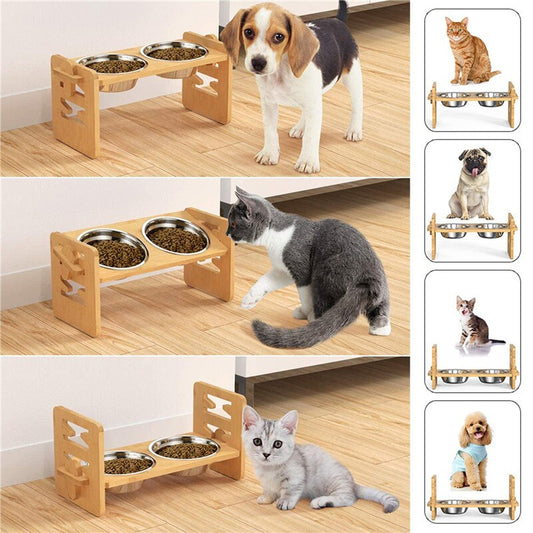 Bamboo Dog Bowl Stand । Adjustable Raised Food Water Bowls Holder