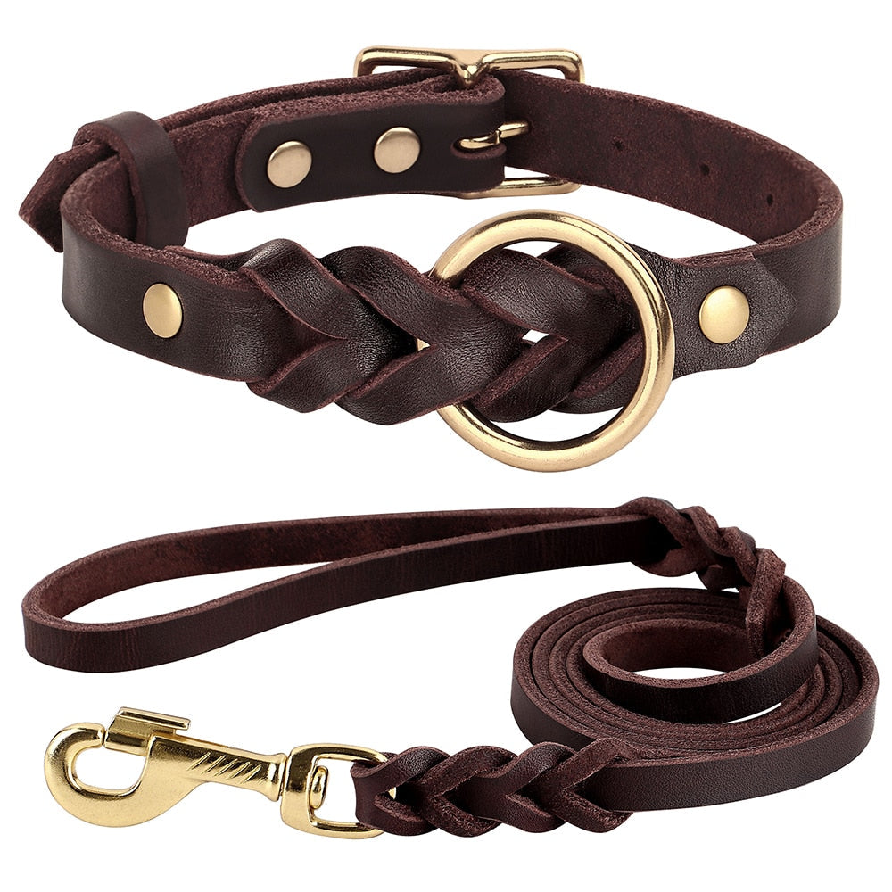 Leather Braided Dog Collars and Leash Sets