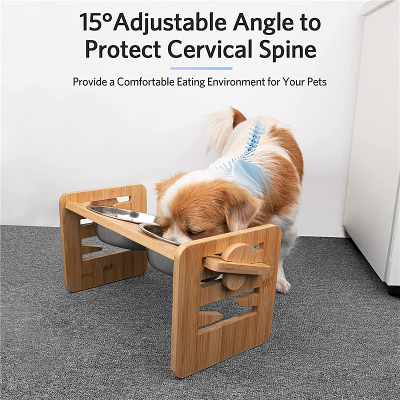 Bamboo Dog Bowl Stand । Adjustable Raised Food Water Bowls Holder