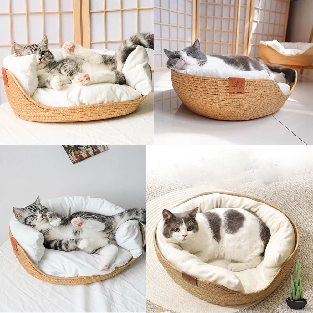 Pet Bed Sofa Handmade Bamboo Weaving Four Season Cozy Nest Baskets