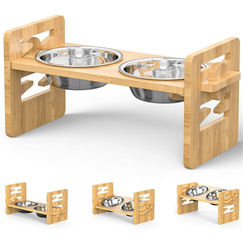 Bamboo Dog Bowl Stand । Adjustable Raised Food Water Bowls Holder