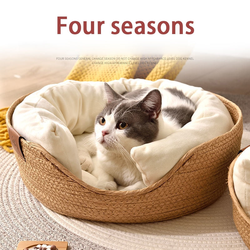 Pet Bed Sofa Handmade Bamboo Weaving Four Season Cozy Nest Baskets