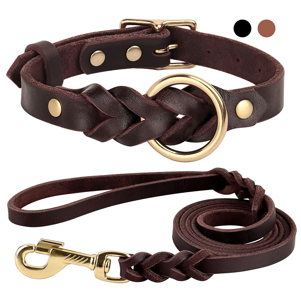 Leather Braided Dog Collars and Leash Sets