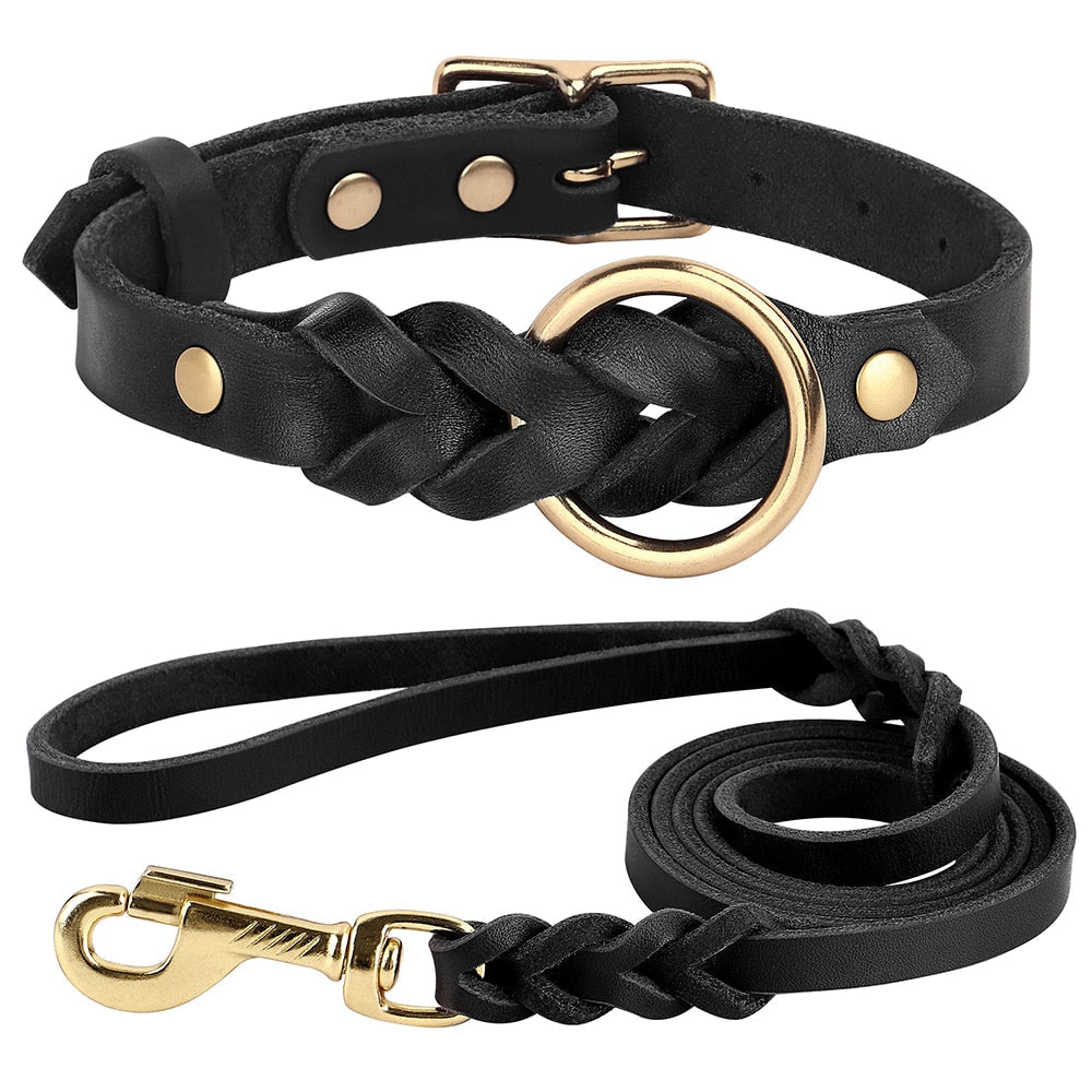 Leather Braided Dog Collars and Leash Sets