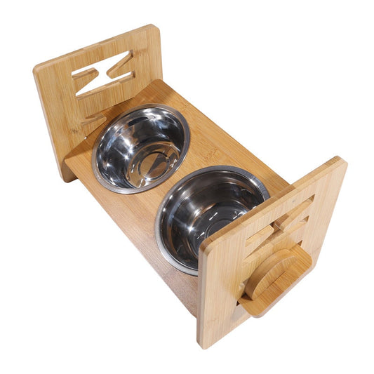 Bamboo Dog Bowl Stand । Adjustable Raised Food Water Bowls Holder